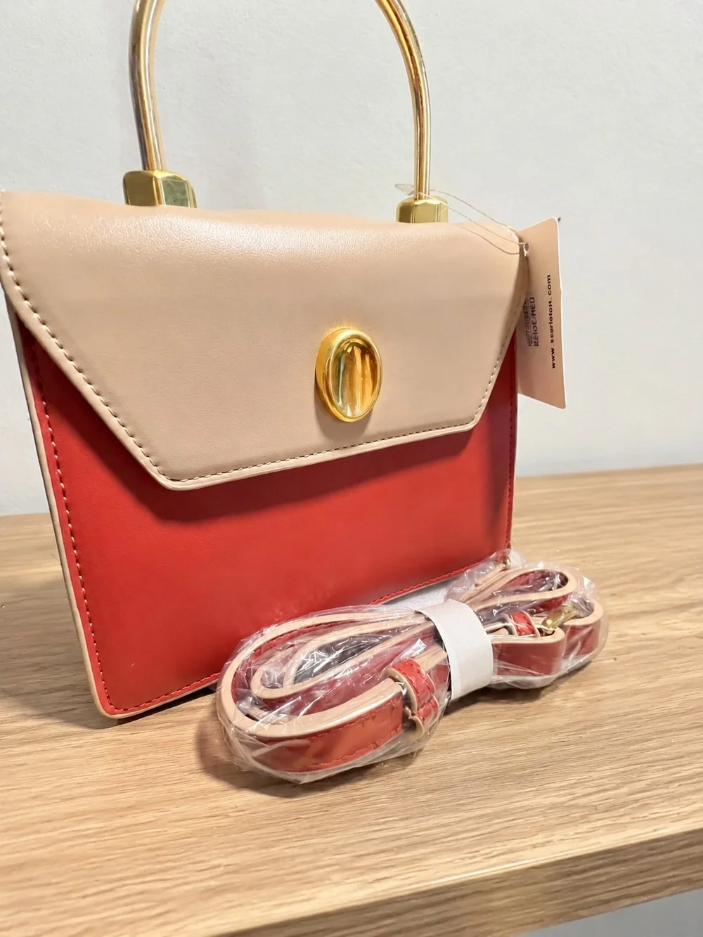 Two-Tone Rust and Beige Structured Top-Handle Satchel